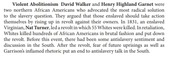 Violent Abolitionism David Walker and Henry Highland Garnet were 
two northern African Americans who advocated the most radical solution 
to the slavery question. They argued that those enslaved should take action 
themselves by rising up in revolt against their owners. In 1831, an enslaved 
Virginian, Nat Turner, led a revolt in which 55 Whites were killed. In retaliation, 
Whites killed hundreds of African Americans in brutal fashion and put down 
the revolt. Before this event, there had been some antislavery sentiment and 
discussion in the South. After the revolt, fear of future uprisings as well as 
Garrison's inflamed rhetoric put an end to antislavery talk in the South