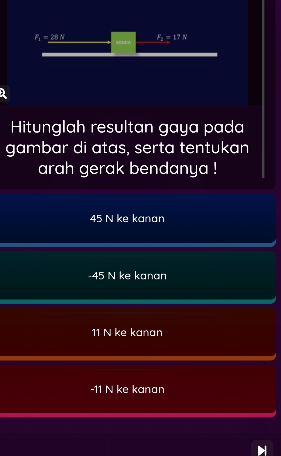 F_1=28N
F_2=17N
RENDA
)
Hitunglah resultan gaya pada
gambar di atas, serta tentukan
arah gerak bendanya !
45 N ke kanan
-45 N ke kanan
11 N ke kanan
-11 N ke kanan