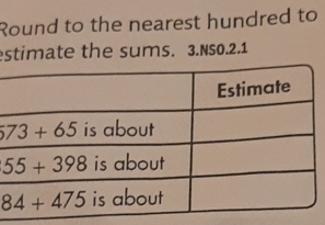 Round to the nearest hundred to
stimate the sums. 3.NS0.2.1