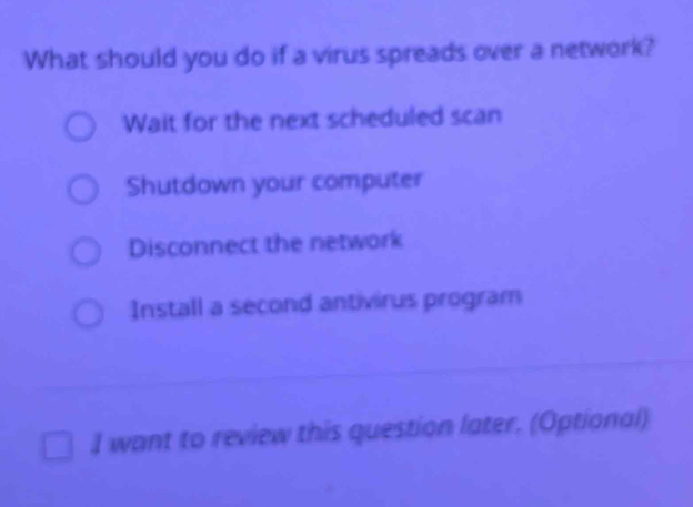 Solved: What should you do if a virus spreads over a network? Wait for ...