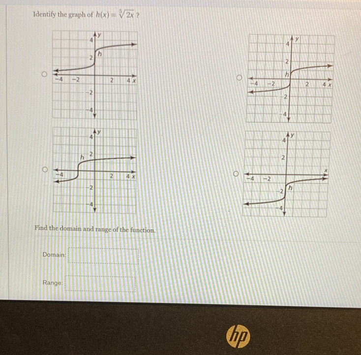 Identify the graph of h(x)=sqrt[5](2x) ？

Find the domain and range of the function.
Domain: □
Range: □°