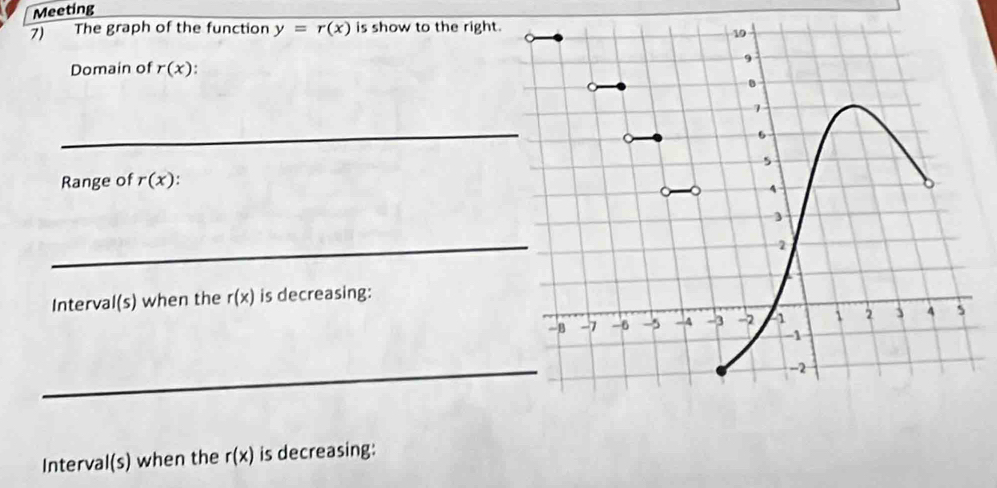 Meeting 
7) The graph of the function y=r(x) is show to the right. 
Domain of r(x)
Range of r(x). 
Inter val(s) when the r(x) is decreasing: 
Interval(s) when the r(x) is decreasing: