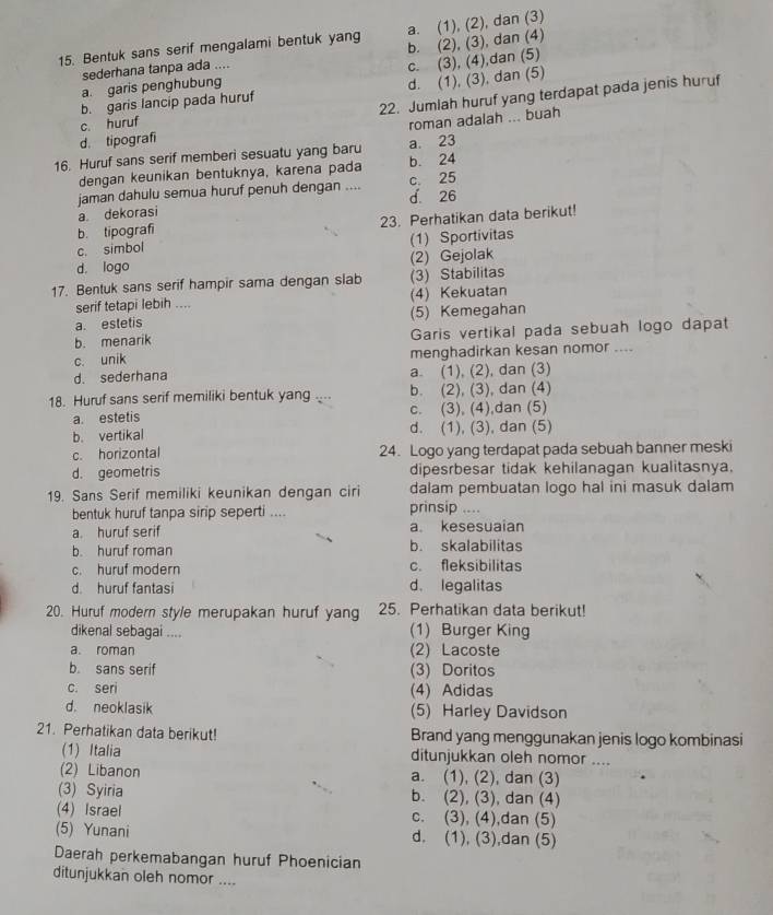 a. (1), (2), dan (3)
15. Bentuk sans serif mengalami bentuk yang b. (2), (3), dan (4)
sederhana tanpa ada ....
c. (3), (4),dan (5)
a. garis penghubung
c huruf d. (1), (3), dan (5)
b. garis lancip pada huruf
d. tipografi 22. Jumlah huruf yang terdapat pada jenis huruf
roman adalah ... buah
16. Huruf sans serif memberi sesuatu yang baru a. 23
dengan keunikan bentuknya, karena pada b. 24
jaman dahulu semua huruf penuh dengan .... c. 25
d 26
a dekorasi
c. simbol 23. Perhatikan data berikut!
b. tipografi
(1) Sportivitas
d. logo (2) Gejolak
17. Bentuk sans serif hampir sama dengan slab (3) Stabilitas
serif tetapi lebih .... (4) Kekuatan
a. estetis (5) Kemegahan
b. menarik Garis vertikal pada sebuah logo dapat
c. unik menghadirkan kesan nomor ....
d. sederhana a. (1), (2), dan (3)
18. Huruf sans serif memiliki bentuk yang b. (2), (3), dan (4)
a. estetis c. (3), (4),dan (5)
b. vertikal d. (1), (3), dan (5)
c. horizontal 24. Logo yang terdapat pada sebuah banner meski
d. geometris dipesrbesar tidak kehilanagan kualitasnya.
19. Sans Serif memiliki keunikan dengan ciri dalam pembuatan logo hal ini masuk dalam
bentuk huruf tanpa sirip seperti .... prinsip ....
a. huruf serif a kesesuaian
b. huruf roman b. skalabilitas
c. huruf modern c. fleksibilitas
d. huruf fantasi d. legalitas
20. Huruf modern style merupakan huruf yang 25. Perhatikan data berikut!
dikenal sebagai .... (1) Burger King
a. roman (2)Lacoste
b. sans serif (3) Doritos
c. seri (4) Adidas
d. neoklasik (5) Harley Davidson
21. Perhatikan data berikut! Brand yang menggunakan jenis logo kombinasi
(1) Italia ditunjukkan oleh nomor ....
(2) Libanon a. (1), (2), dan (3)
(3) Syiria b. (2), (3), dan (4)
(4) Israel c. (3), (4),dan (5)
(5) Yunani d. (1), (3),dan (5)
Daerah perkemabangan huruf Phoenician
ditunjukkan oleh nomor ....