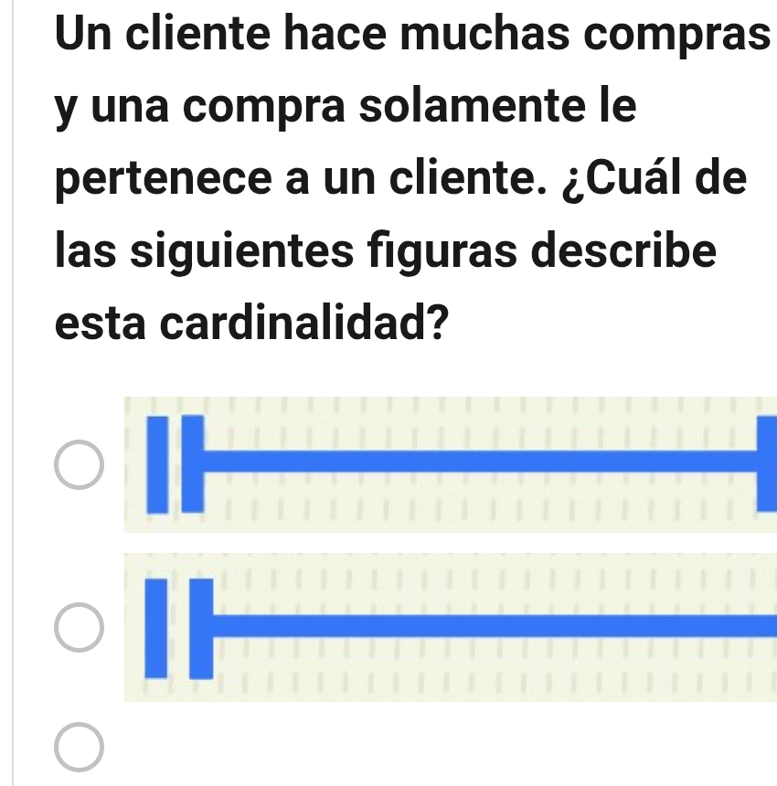 Un cliente hace muchas compras 
y una compra solamente le 
pertenece a un cliente. ¿Cuál de 
las siguientes figuras describe 
esta cardinalidad?