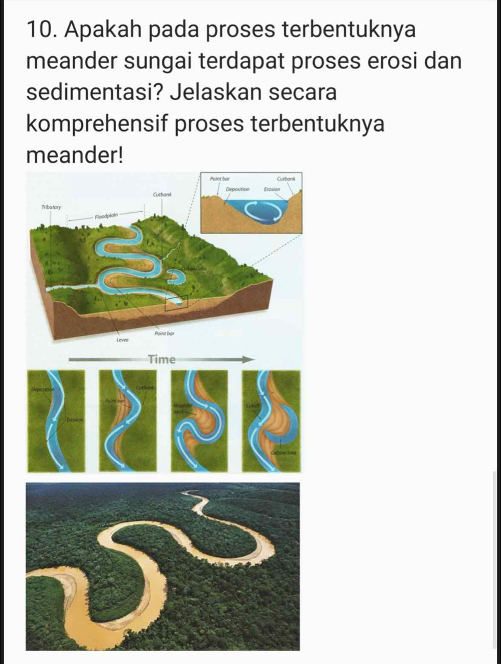 Apakah pada proses terbentuknya 
meander sungai terdapat proses erosi dan 
sedimentasi? Jelaskan secara 
komprehensif proses terbentuknya 
meander!