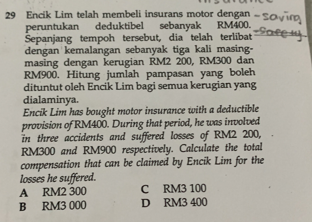 Encik Lim telah membeli insurans motor dengan
peruntukan deduktibel sebanyak RM400.
Sepanjang tempoh tersebut, dia telah terlibat
dengan kemalangan sebanyak tiga kali masing-
masing dengan kerugian RM2 200, RM300 dan
RM900. Hitung jumlah pampasan yang boleh
dituntut oleh Encik Lim bagi semua kerugian yang
dialaminya.
Encik Lim has bought motor insurance with a deductible
provision of RM400. During that period, he was involved
in three accidents and suffered losses of RM2 200,
RM300 and RM900 respectively. Calculate the total
compensation that can be claimed by Encik Lim for the
losses he suffered.
A RM2 300 C RM3 100
B RM3 000 D RM3 400