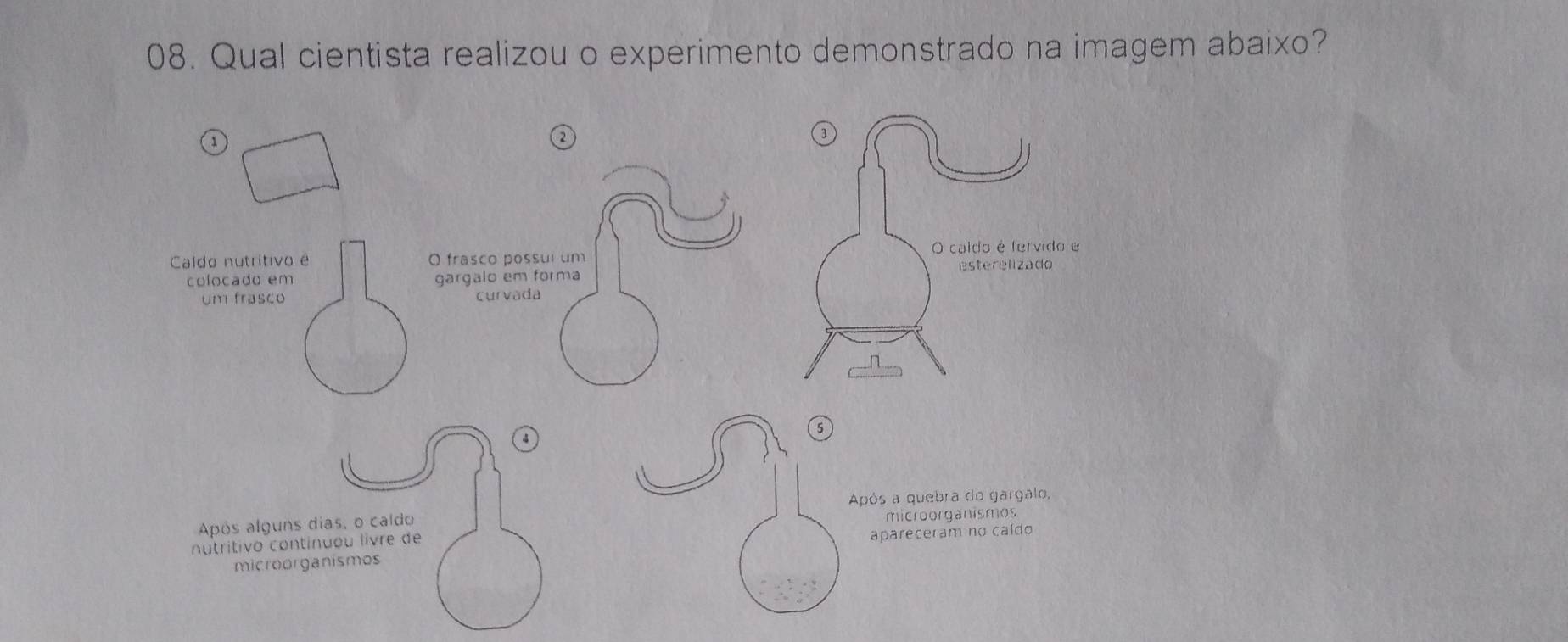 Qual cientista realizou o experimento demonstrado na imagem abaixo? 
2 
Caldo nutritivo é O frasco possul um 
colocado em gargalo em forma 
um frasco curvada 
4 
Após a quebra do gargalo, 
Após alguns dias, o caldo 
microorganismos 
nutritivo continuou livre de 
microorganismos apareceram no caído