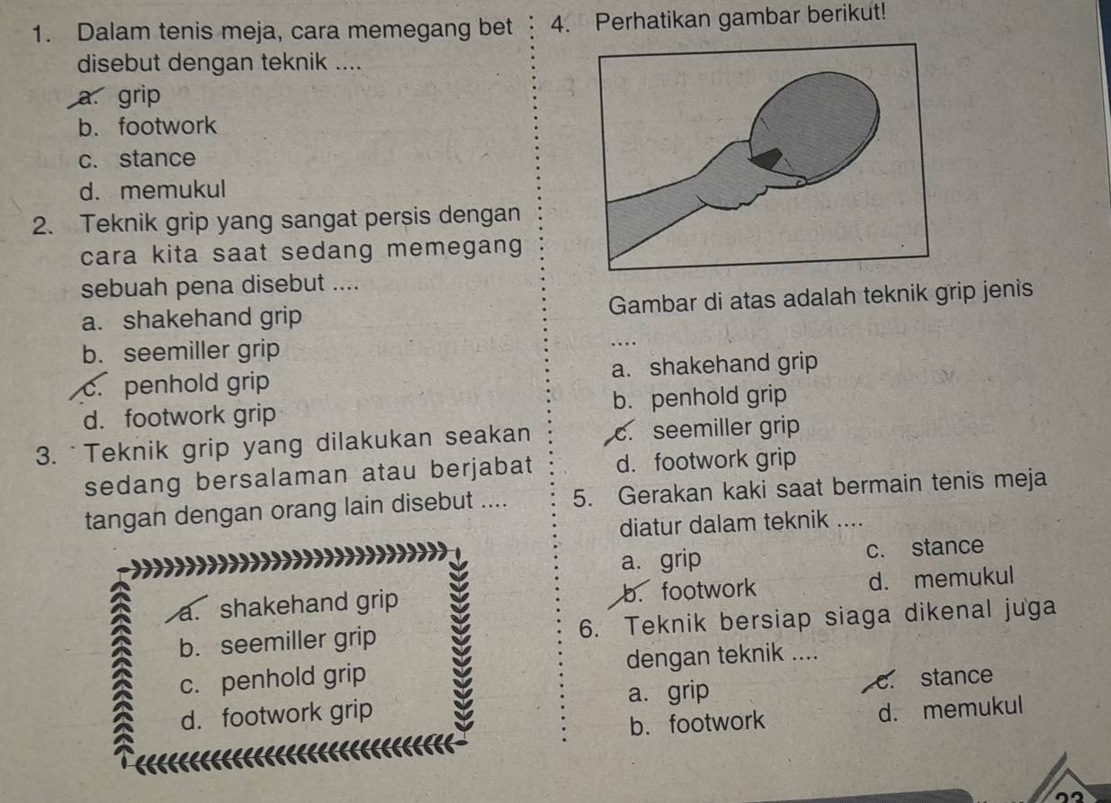 Dalam tenis meja, cara memegang bet 4. Perhatikan gambar berikut!
disebut dengan teknik ....
a. grip
b.footwork
c. stance
d. memukul
2. Teknik grip yang sangat persis dengan
cara kita saat sedang memegang 
sebuah pena disebut ....
a. shakehand grip Gambar di atas adalah teknik grip jenis
b. seemiller grip
c. penhold grip a. shakehand grip
d. footwork grip b. penhold grip
3.Teknik grip yang dilakukan seakan c. seemiller grip
sedang bersalaman atau berjabat d. footwork grip
tangan dengan orang lain disebut .... 5. Gerakan kaki saat bermain tenis meja
diatur dalam teknik ....
a. grip c. stance
a. shakehand grip b. footwork d. memukul
b. seemiller grip 6. Teknik bersiap siaga dikenal juga
c. penhold grip dengan teknik ....
d. footwork grip a.grip c. stance
b. footwork d. memukul