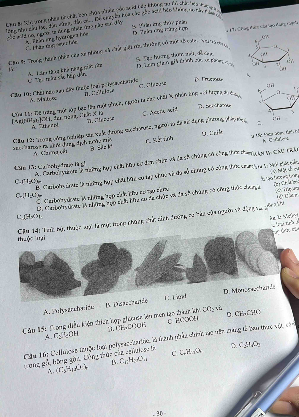 Khỉ trong phân tử chất béo chứa nhiều gốc acid béo không no thì chất béo thường ở trừ
lồng như dầu lạc, dầu vừng, dầu cá... Để chuyển hóa các gốc acid béo không no này thành chủ
B. Phản ứng thủy phân
gốc acid no, người ta dùng phản ứng nào sau dây
D. Phản ứng trùng hợp
u 17: Công thức cấu tạo dạng mạch
A. Phản ứng hydrogen hóa
C. Phản ứng ester hóa
Câu 9: Trong thành phần của xà phòng và chất giặt rửa thường có một số ester. Vai trò của cá
B. Tạo hương thơm mát, dễ chịu 
là: D. Làm giảm giá thành của xà phòng và ch
A. Làm tăng khả năng giặt rửa
C. Tạo màu sắc hấp dẫn.
Câu 10: Chất nào sau đây thuộc loại polysaccharide
D. Fructosse
A. Maltose B. Cellulose C. Glucose
Câu 11: Để tráng một lớp bạc lên ruột phích, người ta cho chất X phản ứng với lượng dư dung
D. Saccharose 
[Ag(NH₃): _2]O H, đun nóng. Chất X là
A. Ethanol B. Glucose C. Acetic acid
Cầâu 12: Trong công nghiệp sản xuất đường saccharose, người ta đã sử dụng phương pháp nảo đ
u 18: Đun nóng tinh bộ
saccharose ra khỏi dung dịch nước mía D. Chiết
A. Chưng cất B. Sắc kí C. Kết tinh
A. Cellulose
A. Carbohydrate là những hợp chất hữu cơ đơn chức và đa số chúng có công thức chung IAN II: CÂU TRÁC
Câu 13: Carbohydrate là gì
B. Carbohydrate là những hợp chất hữu cơ tạp chức và đa số chúng có công thức chung iu 1: Mỗi phát biểu
C_n(H_2O)_m
C. Carbohydrate là những hợp chất hữu cơ tạp chức ất tạo hương trong (a) Một số est
(c) Tripanm
C_n(H_2O)_r
D. Carbohydrate là những hợp chất hữu cơ đa chức và đa số chúng có công thức chung là (b) Chất béc
(d) Dầu m
C_n(H_2O)_n
âu 2: Methyl
Câu 14: Tinh bột thuộc loại là một trong những chất dinh dưỡng cơ bản của người và động vật niông khí
lc loại tinh d
ông thức cầu
thuộc loại
A. Polysaccharide B. Disaccharide C. Lipid D. Monosaccharide
D. CH₃CHO
Câu 15: Trong điều kiện thích hợp glucose lên men tạo thành khí CO_2 và
A. C_2H_5OH B. CH_3( COOH C. HCOOH
Câu 16: Cellulose thuộc loại polysaccharide, là thành phần chính tạo nên màng tế bào thực vật, có m
C.
trong gỗ, bông gòn. Công thức của cellulose là
D. C_2H_4O_2
A. (C_6H_10O_5)_n B. C_12H_22O_11 C_6H_12O_6
- 30 -