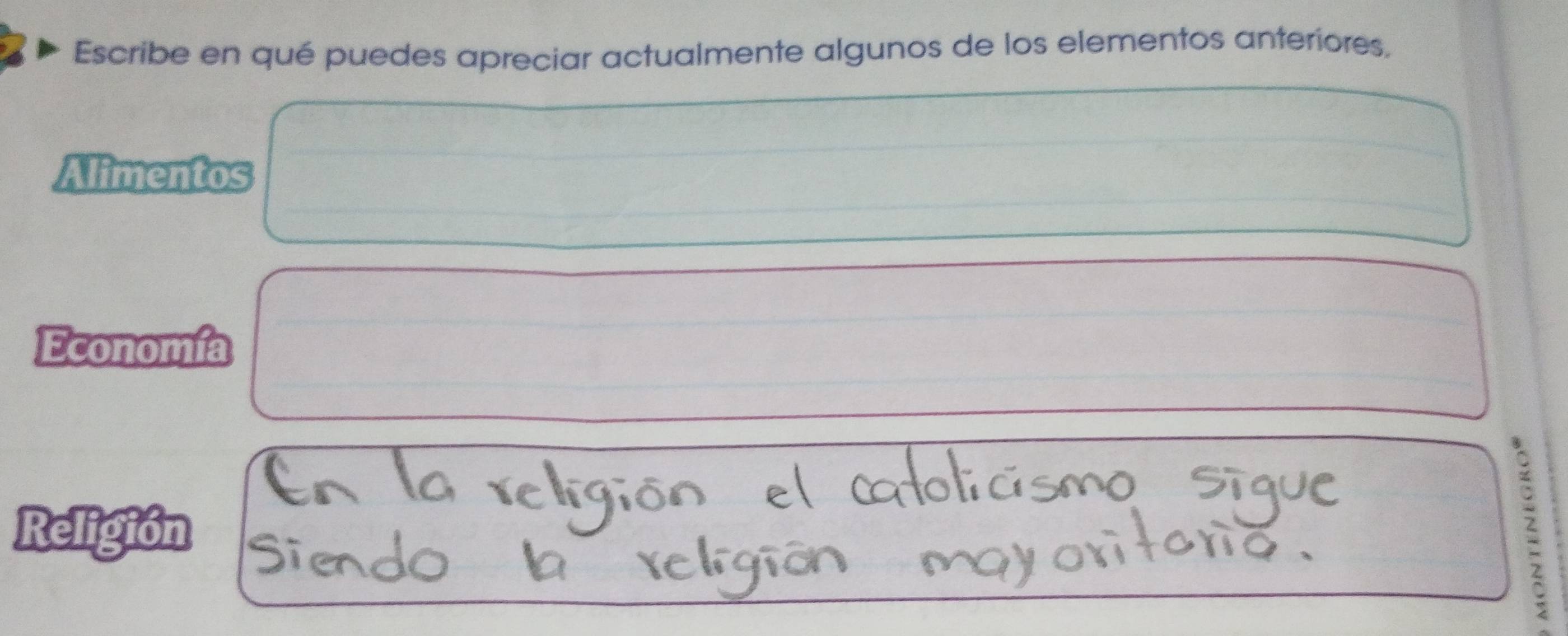 Escribe en qué puedes apreciar actualmente algunos de los elementos anteriores, 
Alimentos 
Economía 
Religión 
: