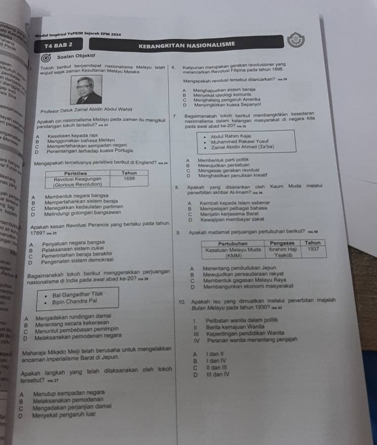 Modul Inspirasi YaPSIM Sejarah SPM 2024
alako
Per shàng
T4 BAB 2 KEBANGKITAN NASIONALISME
o Soalan Objektif
ajaan
Tokoh berikut berpendapat nasionalisme Melayu telah
wujud sejak zaman Kesultanan Melayu Melaka 6. Katipunan merupakan gerakan revolusioner yang
melancarkan Revolusi Filpina pada tahun 1896.
pembiess
rüküh de n  darpada  
Mengapakah revolusi tersebut ditancarkan? == 1
diarggis
A Menghapuskan sistem beraja
ập suc wa Sna
B Menyekat ideologi komunis
C Menghalang pengaruh Amerika
==jefre= Profesor Datuk Zainal Abidin Abdul Wahid D Menyingkirkan kuasa Sepanyol
Apakah ciri nasionalisme Melayu pada zaman itu mengikut 7. Bagaimanakah tokoh berikut membangkitkan kesedaran
nasionalisme dalam kalangan masyarakat di negara kita
m pertad Jayah pa  pandangan tokoh tersebut? = zs
pada awal abad ke-207 == =
=  Man== ngama A Kesetiaan kepada raja Abdul Rahim Kajai
B Menggunakan bahasa Melayu Muhammad Rakawi Yusuf
C Mempertahankan sempadan negeri
D Penentangan terhadap kuasa Portugis Zainal Abidin Ahmad (Za'ba)
A Membentuk parti politik
2 Mengapakah tercetusnya peristiwa berikut di England? = B Mewujudkan persatuan
ana bançaa  Fumen o
C Mengasas gerakan revolusi
L a u  hạng D Menghasilkan penulisan kreati!
nat yan 8. Apakah yang disarankan oleh Kaum Muda melalui
A Membentuk negara bangsa penerbitan akhbar Al-Imam? == 1
yah peng ar terkems
B Mempertahankan sistem beraja A Kembali kopada Islam sebenar
ng bagi C Menegakkan kedaulatan parlimen B Mempelajan pelbagai bahasa
kéçana D Melindungi golongan bangsawan C Menjalin karjasama Barat
nembue 3 Apakah kesan Revolusi Perancis yang berlaku pada tahun D Kewajipan membayar zakat
m ai kn 17897 m 2 9. Apakah matlamat perjuangan pertubuhan berikut? = 
neruska 
Ingan
A Penyatuan negara bangsa
B Pelaksanaan sistem cukai
C Pemerintahan beraja berakhir 
oknws D Pengenalan sistem demokrasi 
agan
Pertsc4 Bagaimanakah tokoh berikut menggerakkan perjuangan A. Menentang pendudukan Jepun
nasionalisme di India pada awal abad ke-20?  B Mewujudkan persaudaraan rakyat
C Membentuk gagasan Melayu Raya
juchas D Membangunkan ekonomi masyarakat
Bal Gangadhar Tilak
Bipin Chandra Pal 10. Apakah isu yang dimuatkan melalui penerbitan majalah
nh  Bulan Melayu pada tahun 1930? == 
A Mengadakan ründingan damai
B Menentang secara kekerasan 1 Pelibatan wanita dalam politik
at he C Menuntut pembebasan pemimpin Il Berita kemajuan Wanita
f é
D Melaksanakan pemodenan negara III Kepentingan pendidikan Wanita
part
IV Peranan wanita menentang penjajah
epad Maharaja Mikado Meiji telah berusaha untuk mengelakkan A l dan Il
it ancaman imperialisme Barat di Jepun.
B I dan IV
C Il dan III
Apakah langkah yang telah dilaksanakan oleh tokoh
tersebut? n z D IIl dan IV
A Menutup sempadan negara
B Melaksanakan pemodenan
C Mengadakan perjanjian damai
D Menyekat pengaruh luar