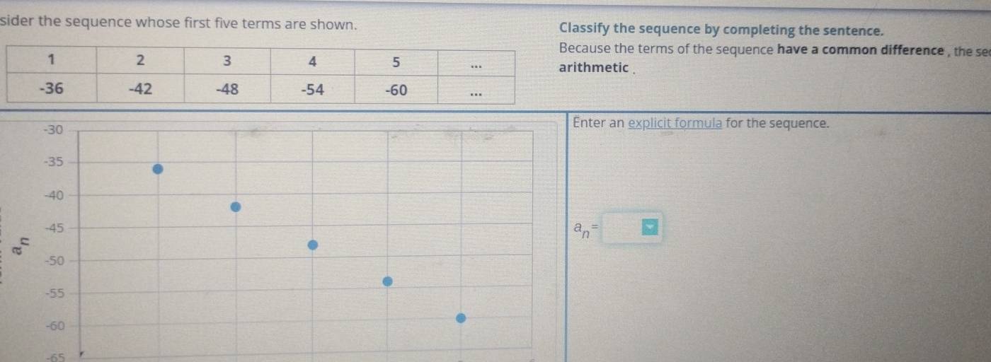 sider the sequence whose first five terms are shown. Classify the sequence by completing the sentence. 
se the terms of the sequence have a common difference , the se 
etic .
-30
Enter an explicit formula for the sequence.
-35
-40
-45 a_n= overline 2
-50
-55
-60
-65