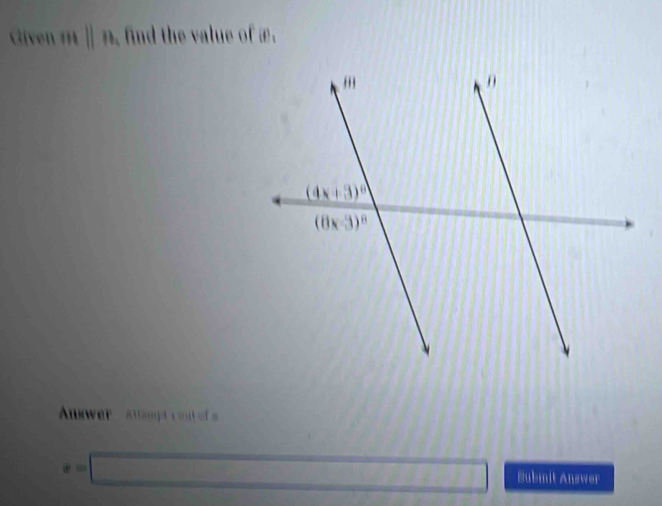 Given mparallel n find the value of æ.
kwer  tmt  ou
x=□ _ overline +10)1 Bubmit Answer