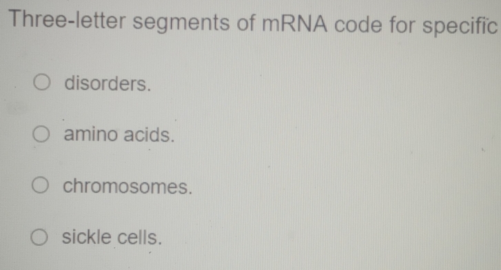 Solved: Three-letter segments of mRNA code for specific disorders ...