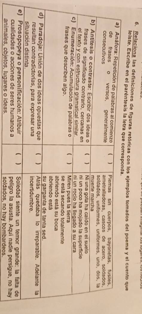 Relaciona las definiciones de figuras retóricas con los ejemplos tomados del poema y el cuento que
leiste. Escribe en el paréntesis la l
animales, objetos, lugares o ideas. soldados, no hay bombardeos.
