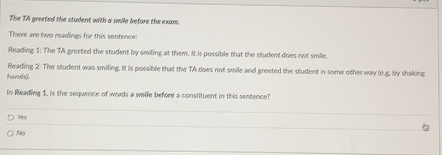 Solved: The TA greeted the student with a smile before the exam. There ...