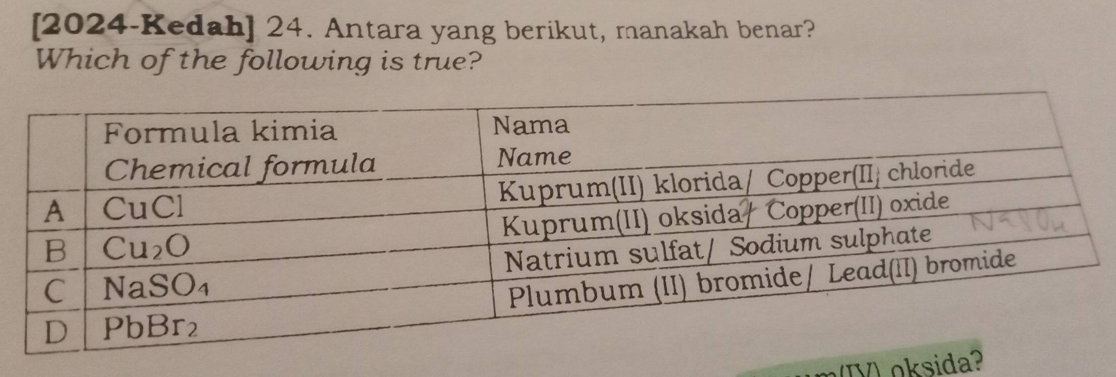 [2024-Kedah] 24. Antara yang berikut, manakah benar?
Which of the following is true?
(TV) oksida