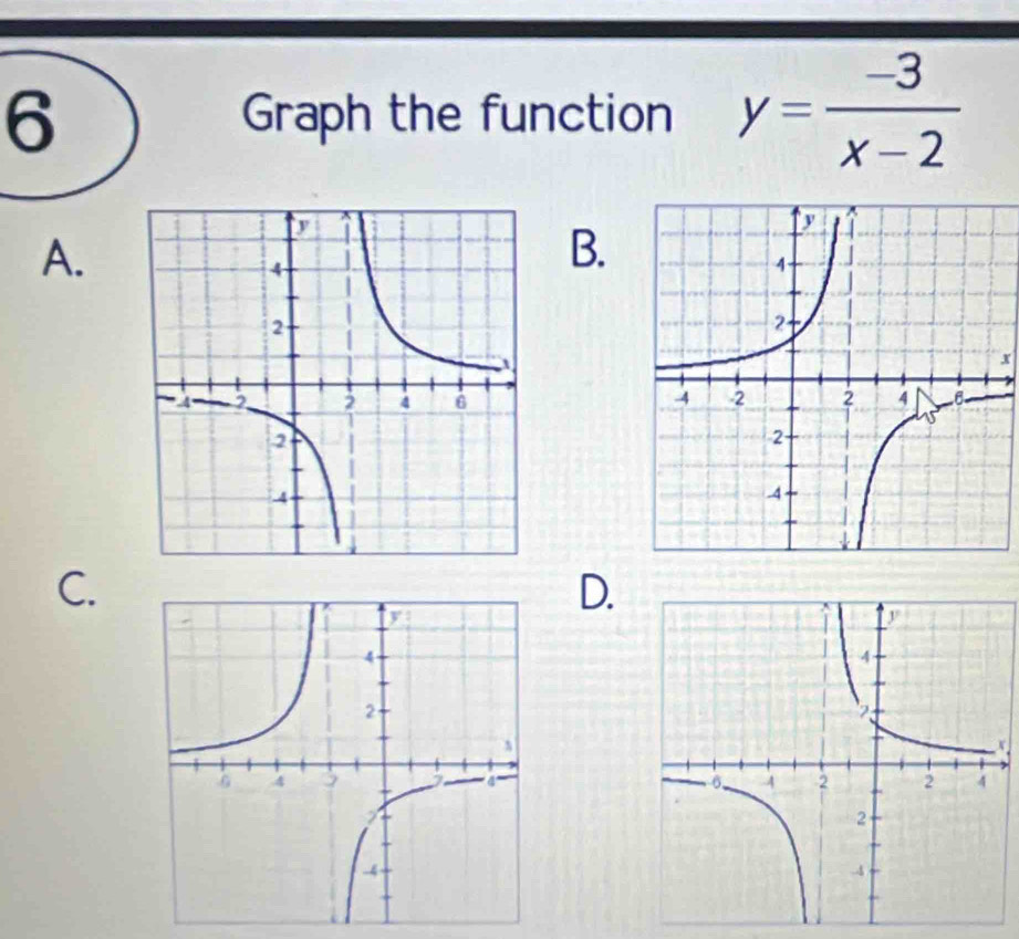 Graph the function y= (-3)/x-2 
A. 
B.
x

C. 
D.
x