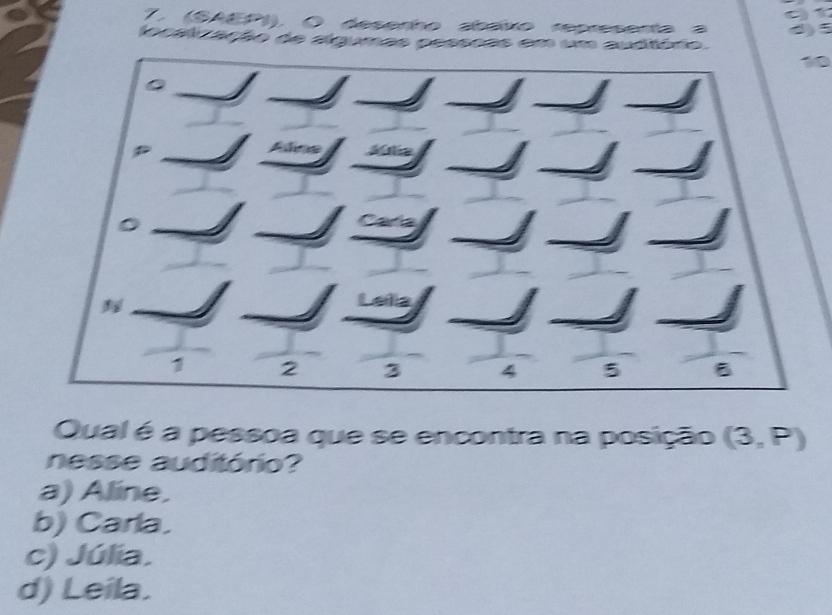 (SAEPI), O deserho deávo representa a
locaiozação de algumas pesssas em um cuditório.
Aline Ala
Cara
Lelía
1 2 3 4 5 B
Qual é a pessoa que se encontra na posição (3,P)
nesse auditório?
a) Aline.
b) Carla.
c) Júlia.
d) Leila.