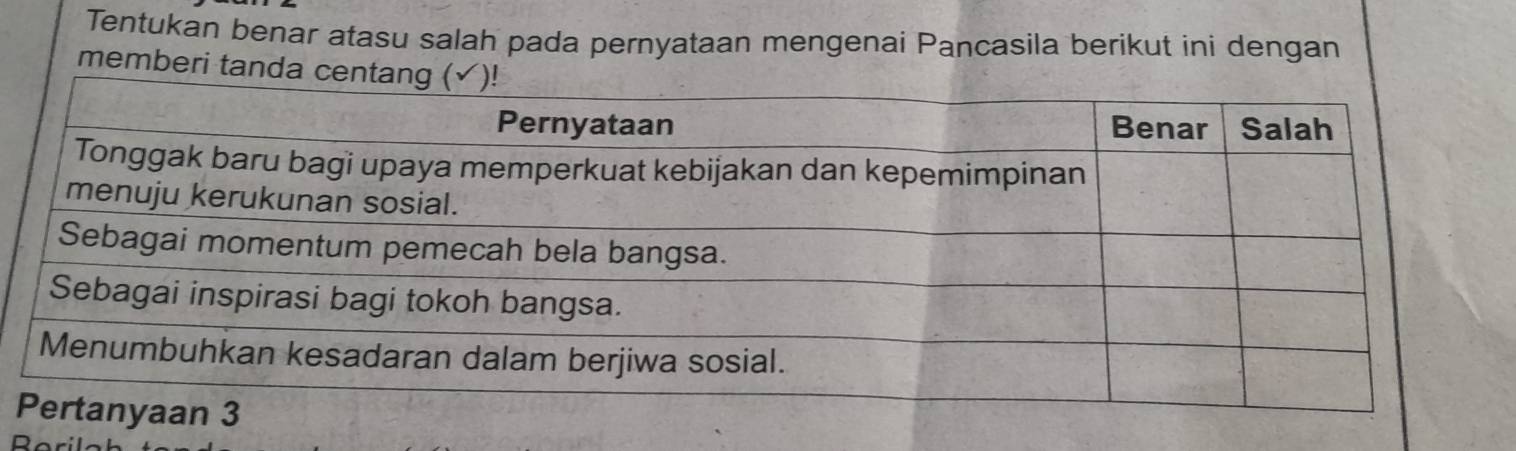 Tentukan benar atasu salah pada pernyataan mengenai Pancasila berikut ini dengan 
memberi t