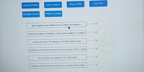 Leonard Peltier Cesar Chavez Harvey Milk Jane Roe
Eldridge Cleaver Phyllis Schlafly
labor organizer who helped form the United Farm Workers
lawyer who helped consolidate a conservative coalition in US poltics
actvist who wrote The Ideology of the Black Panther Parry
pseudonym for the woman whose case was the topic of Roe x. Wade
the first openly gay politician in the Unaed Stares
Chippewa activist who parrcipated in the occupatios of Pine Ridge