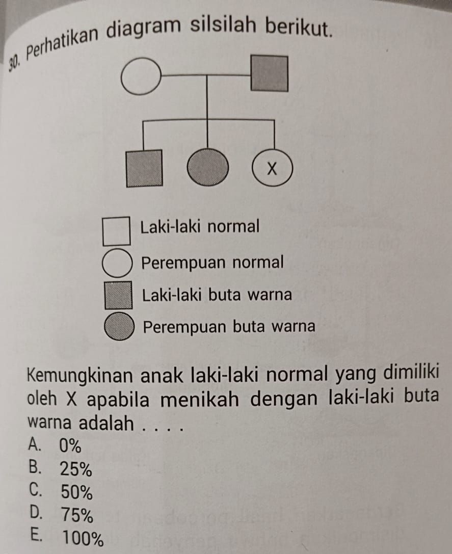 Perhatikan diagram silsilah berikut.
Laki-laki normal
Perempuan normal
Laki-laki buta warna
Perempuan buta warna
Kemungkinan anak laki-laki normal yang dimiliki
oleh X apabila menikah dengan laki-laki buta
warna adalah . . . .
A. 0%
B. 25%
C. 50%
D. 75%
E. 100%