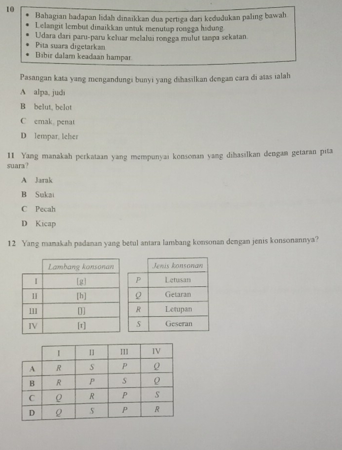 Bahagian hadapan lidah dinaikkan dua pertıga dari kedudukan paling bawah
Lelangit lembut dinaïkkan untuk menutup rongga hidung
Udara dari paru-paru keluar melalui rongga mulut tanpa sekatan
Pita suara digetarkan
Bibir dalam keadaan hampar
Pasangan kata yang mengandungi bunyi yang dihasilkan dengan cara di atas ialah
A alpa, judi
B belut, belot
C emak penat
D lempar, leher
11 Yang manakah perkataan yang mempunyai konsonan yang dihasilkan dengan getaran pita
suara?
A Jarak
B Sukai
C Pecah
D Kicap
12 Yang manakah padanan yang betul antara lambang konsonan dengan jenis konsonannya?