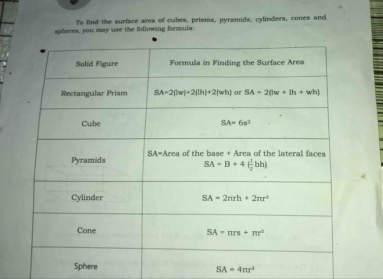 To find the surface area of cubes, prisms, pyramids, cylinders, cones and
spheres, you may use the following formula:
Sphere
SA=4π r^2