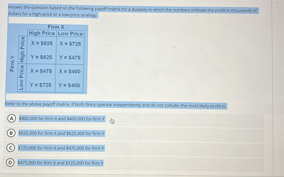 Solved: Answer the question based on the following payoff matrix for a ...