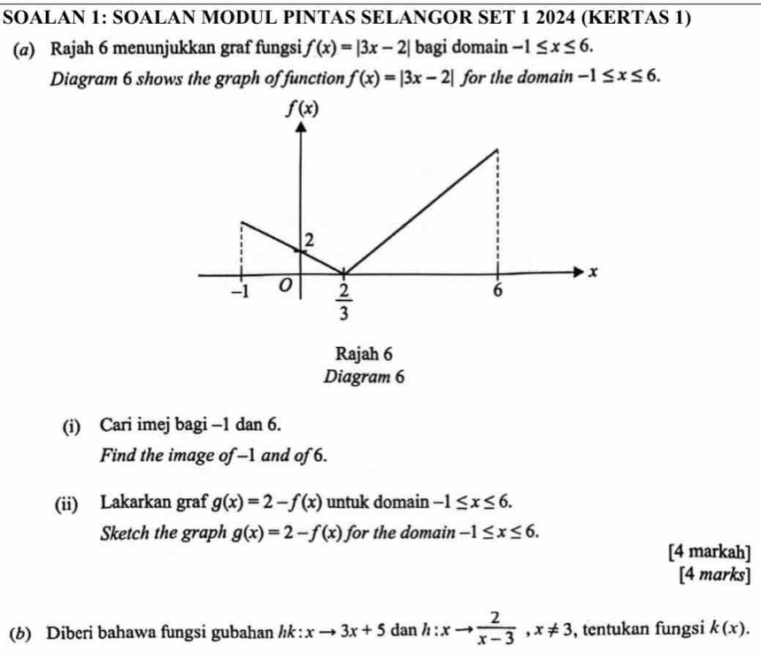 SOALAN 1: SOALAN MODUL PINTAS SELANGOR SET 1 2024 (KERTAS 1)
(@) Rajah 6 menunjukkan graf fungsi f(x)=|3x-2| bagi domain -1≤ x≤ 6.
Diagram 6 shows the graph of function f(x)=|3x-2| for the domain -1≤ x≤ 6.
Rajah 6
Diagram 6
(i) Cari imej bagi -1 dan 6.
Find the image of -1 and of 6.
(ii) Lakarkan graf g(x)=2-f(x) untuk domain -1≤ x≤ 6.
Sketch the graph g(x)=2-f(x) for the domain -1≤ x≤ 6.
[4 markah]
[4 marks]
(b) Diberi bahawa fungsi gubahan hk:xto 3x+5 dan h:xto  2/x-3 ,x!= 3 , tentukan fungsi k(x).