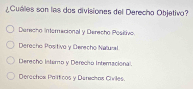 ¿Cuáles son las dos divisiones del Derecho Objetivo?
Derecho Internacional y Derecho Positivo.
Derecho Positivo y Derecho Natural.
Derecho Interno y Derecho Internacional.
Derechos Políticos y Derechos Civiles.