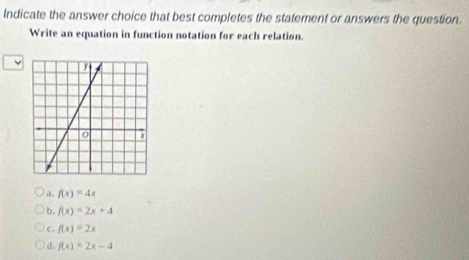 Indicate the answer choice that best completes the statement or answers the question
Write an equation in function notation for each relation.
a. f(x)=4x
b. f(x)=2x+4
C. f(x)=2x
d. f(x)=2x-4