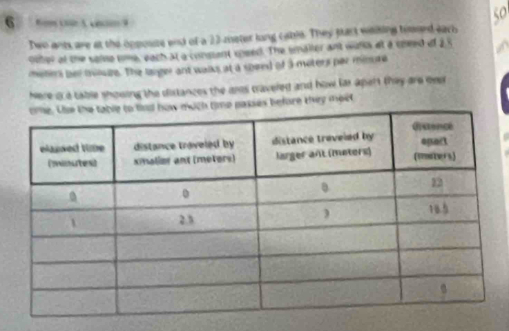 Dwo ants are at the opposste end of a 22 meter long cable. They sact waising homaed each 
otter at the soise time, each at a conpent meed. The imaller ant wills at a speed of 25
meties her tvoure. The lauger ant walks at a speed of 3 moters per minure
here o a table showing the distances the ars cravered and how far apert they are oer 
passes before they meet