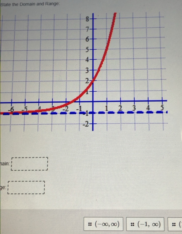 State the Domain and Range: 
hain: □ 
ge: □
(-∈fty ,∈fty ) (-1,∈fty )