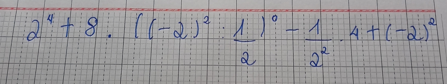 2^4+8· ((-2)^3·  1/2 )^0+ 1/2^2 · 4+(-2)^2