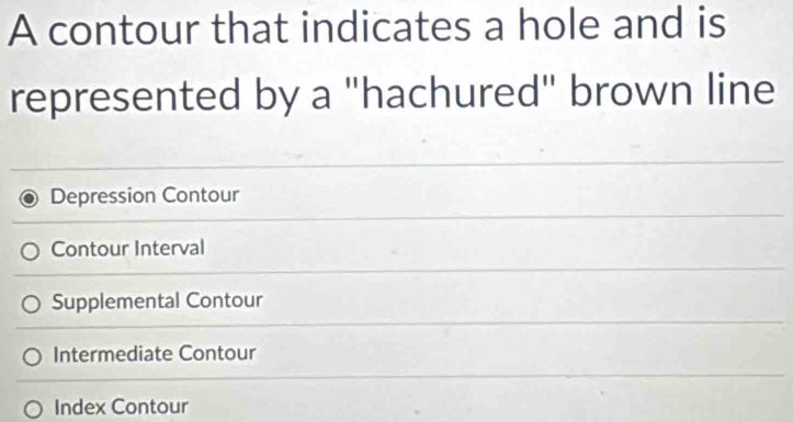 A contour that indicates a hole and is
represented by a "hachured" brown line
Depression Contour
Contour Interval
Supplemental Contour
Intermediate Contour
Index Contour