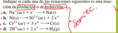 Indique si cada una de las ecuaciones siguientes es una reac- 
ción de oxidación o de reducción: 
a. Na^+(ac)+e^-to Na(s) < b.  Ni(s)to Ni^(2+)(ac)+2e^-
c. Cr^(3+)(ac)+3e^-to Cr(s)
d. 2H^+(ac)+2e^-to H_2(g)