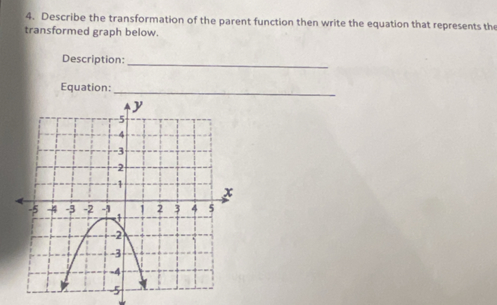 Describe the transformation of the parent function then write the equation that represents the 
transformed graph below. 
Description:_ 
Equation:_