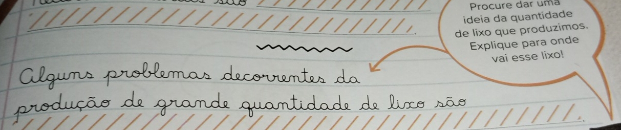 Procure dar uma 
ideia da quantidade 
de lixo que produzimos. 
Explique para onde 
vai esse lixo!