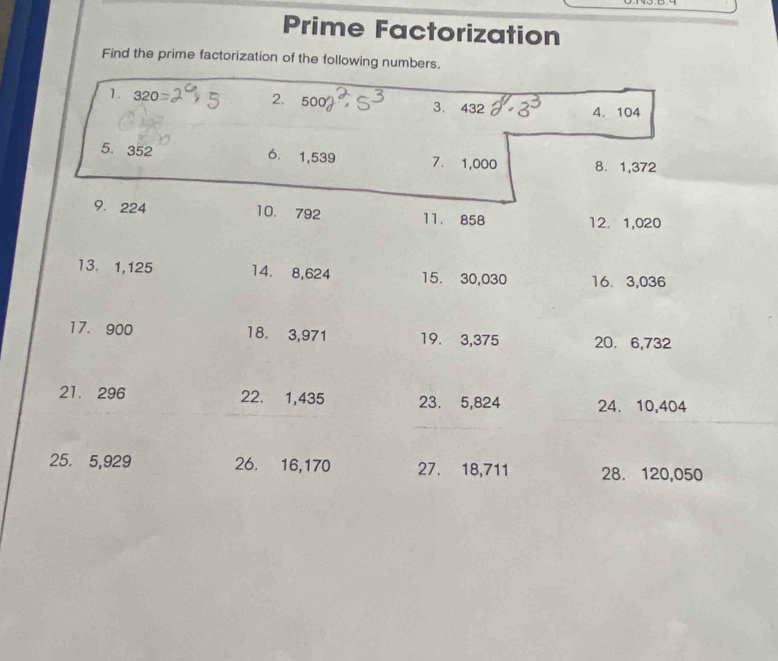 Prime Factorization 
Find the prime factorization of the following numbers. 
1. 320 2. 500 3. 432
4. 104
5. 352 6. 1,539 7. 1,000 8. 1,372
9. 224 10. 792 11. 858 12. 1,020
13. 1,125 14. 8,624 15. 30,030 16. 3,036
17. 900 18. 3,971 19. 3,375 20. 6,732
21. 296 22. 1,435 23. 5, 824 24. 10,404
25. 5,929 26. 16,170 27. 18,711 28. 120,050