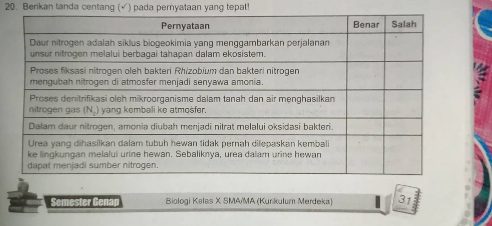 Berikan tanda centang (√) pada pernyataan yang tepat! 
Semester Genap Biologi Kelas X SMA/MA (Kurikulum Merdeka) 
31