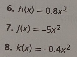 h(x)=0.8x^2
7. j(x)=-5x^2
8. k(x)=-0.4x^2