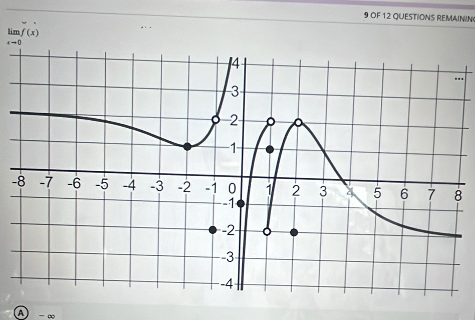 OF 12 QUESTIONS REMAININ
limlimits _xto 0f(x)
- 
A - ∞