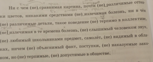 Ни с чем (не〕нсравнимая картинае почти (не〕различимые оттеке 
ки цветов, никакими средствами (не)Аизлечимая болезнь, ни в ч 
(не) различимые деталиΒ такое поведение (не) тернимо в коллектίиве 
(не)излечимая в те времена болезнь, (не) слыпимый человеком звук, 
(не) любимый пкольниками предмет, самолёт, (не) видимый в обла- 
ках, ничем (не) объяснимый факт, поступки, (не) наказуемые зако 
ном, но (не) терпимые, (не) допустимые в обшестве.