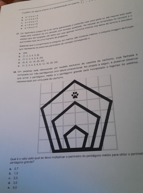 gráfico da página anterior é a representação do sistema 1frac x
* p=2 q=4
B. p=2 q=8
C p=4 q=2
97. Um fazendeiro possui 24 m de cerca galvanizada e pretende usar uma parte ou até mesmo todo esse
p=a q=6
metal para construir de um cercado com formato quadrado. Ao estudar as dimensões do cercado e e
a=2
p=8
espaço que ele ocuparía, ele optou por usar apenas números inteiros nos lados do terreno e percebeu
Sabendo que o comprimento e a largura, em metros, são números inteiros, o conjunto imagem da função
que exista mais de uma maneira de projetá-lo.
que representa os possíveis perímetros da cercado corresponde a
B (24)
 1,2,3,4,5,6
 1,2,3,4,5,6,24
d.  1,2,3,4,5,6,8,12,16,20,24  4,8,12,16,20,24
38. Um petshop está oferecendo um modelo exclusivo de casinha de cachorro, cuja fachada é
B.
composta por três pentágonos com altura proporcional. No projeto a seguir, é possível observar
que entre o io e o pentágono grande será incorporado o logotipo do petshop
representado
Qual é o valor pelo qual se deve multiplicar o perímetro do pentágono mter o perímet
pentágono grande?
a. 0,7
b. 1,5
c. 2.0
d. 3,0
e. 6,0