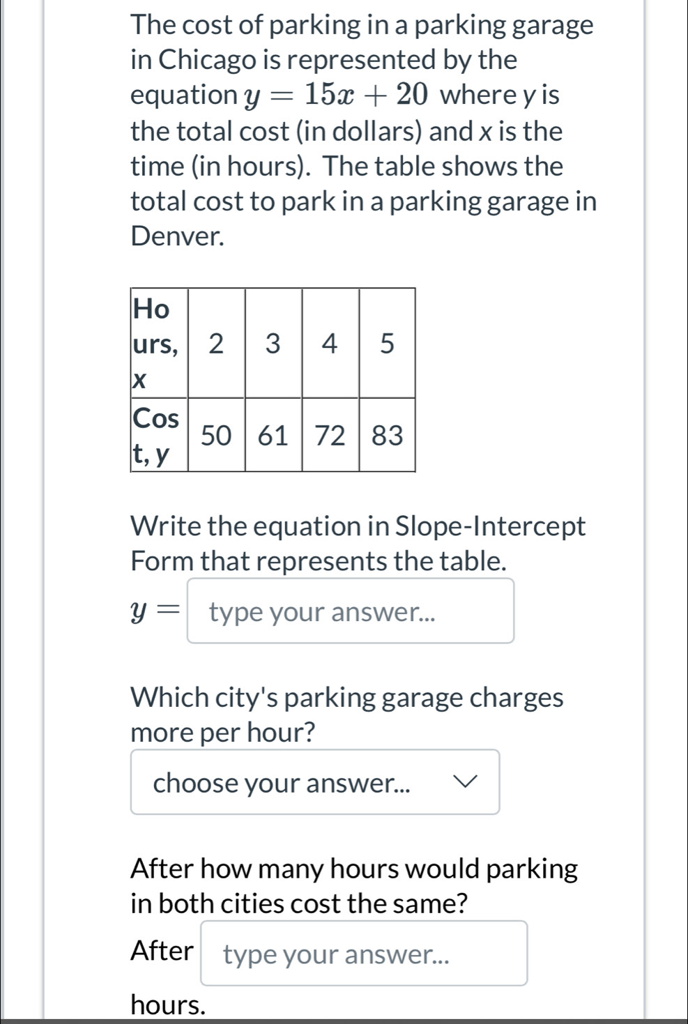 The cost of parking in a parking garage 
in Chicago is represented by the 
equation y=15x+20 where y is 
the total cost (in dollars) and x is the 
time (in hours). The table shows the 
total cost to park in a parking garage in 
Denver. 
Write the equation in Slope-Intercept 
Form that represents the table.
y= type your answer... 
Which city's parking garage charges 
more per hour? 
choose your answer... 
After how many hours would parking 
in both cities cost the same? 
After type your answer...
hours.