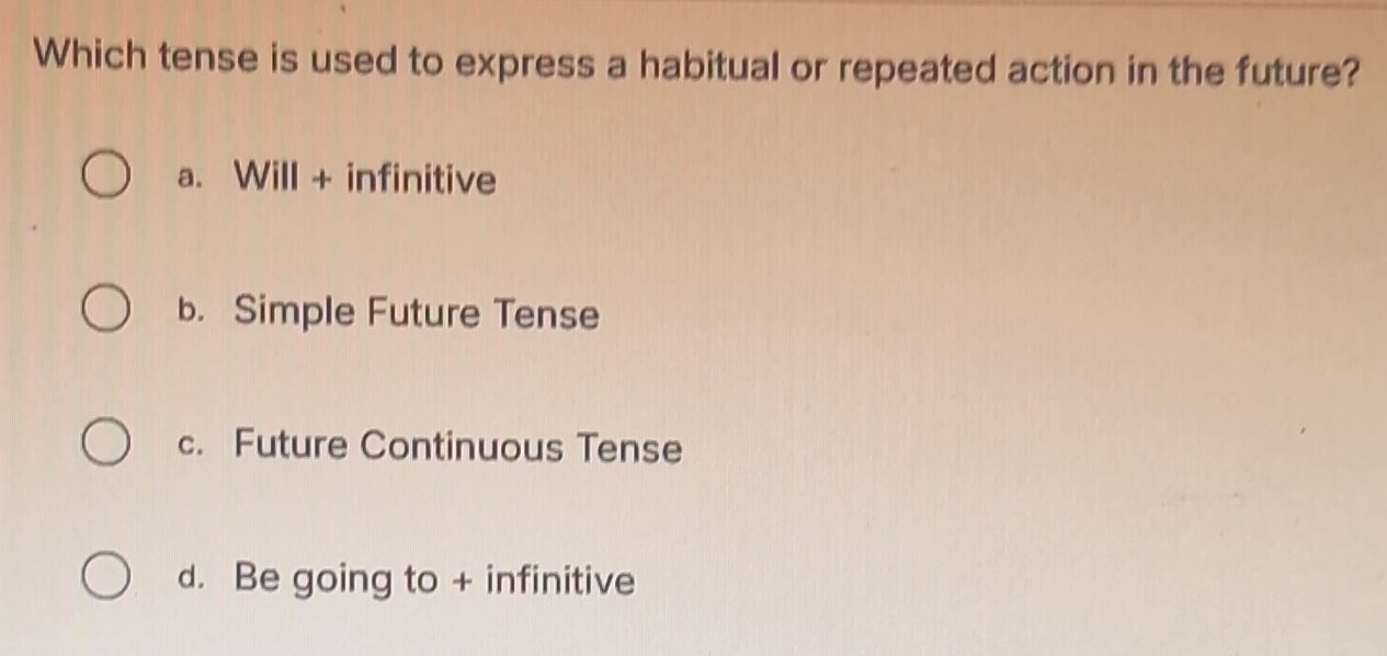 Which tense is used to express a habitual or repeated action in the future?
a. Will + infinitive
b. Simple Future Tense
c. Future Continuous Tense
d. Be going to + infinitive