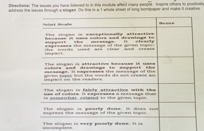 Directions: The issues you have listened to in this module affect many people. Inspire others to positively 
address the issues through a slogan. Do this in a 1 whole sheet of long bondpaper and make it creative. 
incomplete.