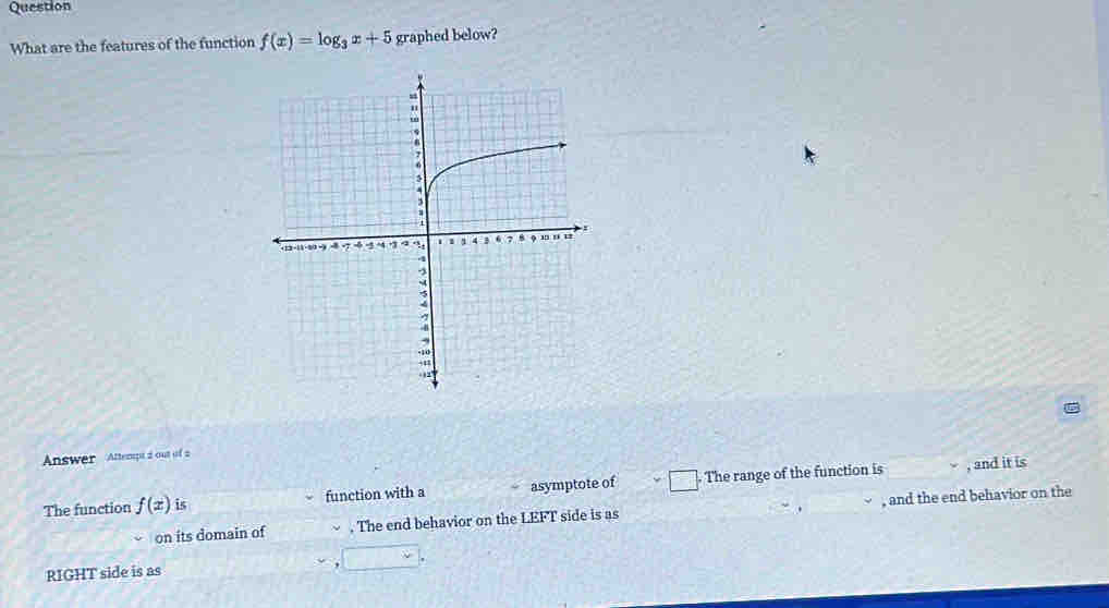 Question 
What are the features of the function f(x)=log _3x+5 graphed below? 
Answer Attempt d out of a 
The function f(x) is function with a asymptote of The range of the function is 
, and it is 
on its domain of . The end behavior on the LEFT side is as , and the end behavior on the 
RIGHT side is as