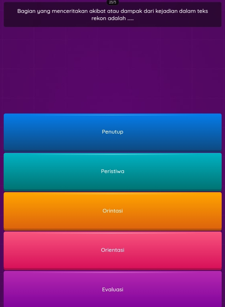 23/5
Bagian yang menceritakan akibat atau dampak dari kejadian dalam teks
rekon adalah ......
Penutup
Peristiwa
Orintasi
Orientasi
Evaluasi